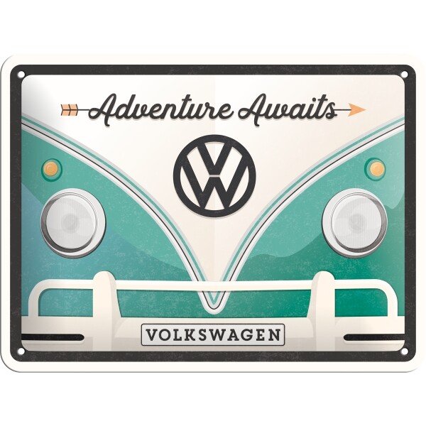 Blechschild VW Bulli – Adventure Awaits (15x20 cm)