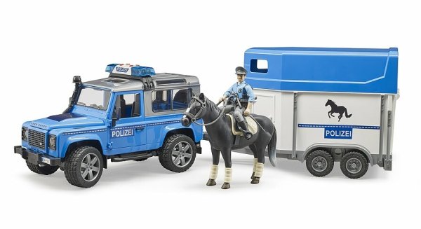 Land Rover Defender Polizeifahrzeug, Pferdeanhänger, Pferd und Polizist