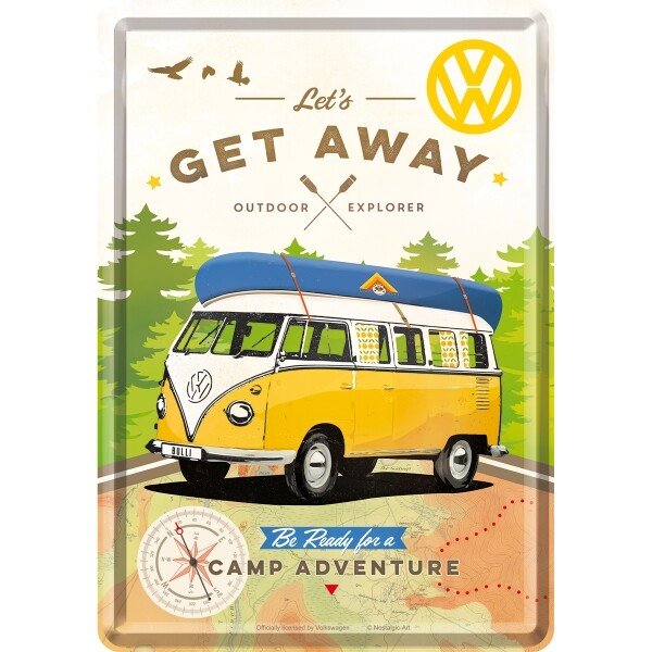 Blechpostkarte VW Bulli – Let’s Get Away! (10x14 cm)